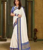 White blue blended cotton printed zari work saree with blouse