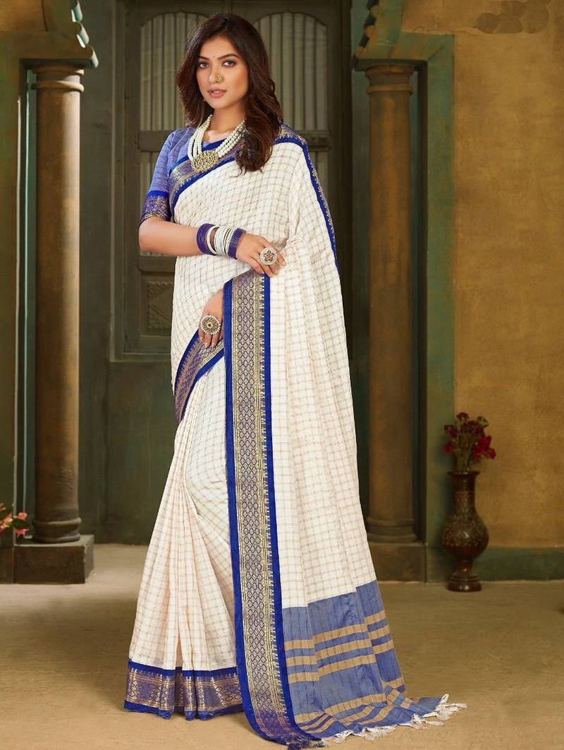 White blue blended cotton printed zari work saree with blouse