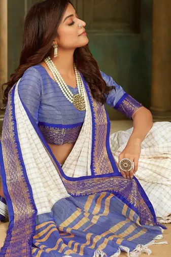 White blue blended cotton printed zari work saree with blouse