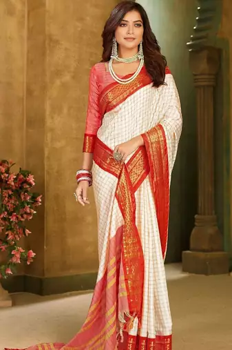 Red white blended cotton printed zari work saree with blouse