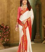 Red white blended cotton printed zari work saree with blouse