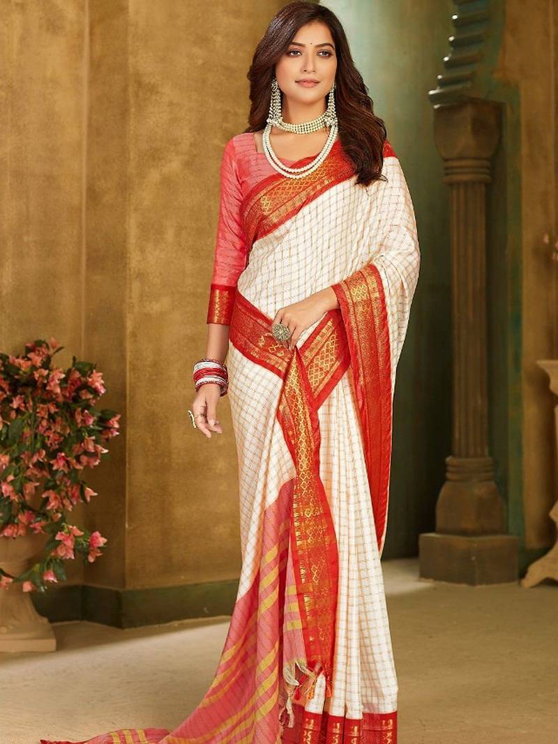 Red white blended cotton printed zari work saree with blouse