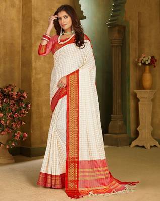 Red white blended cotton printed zari work saree with blouse 2