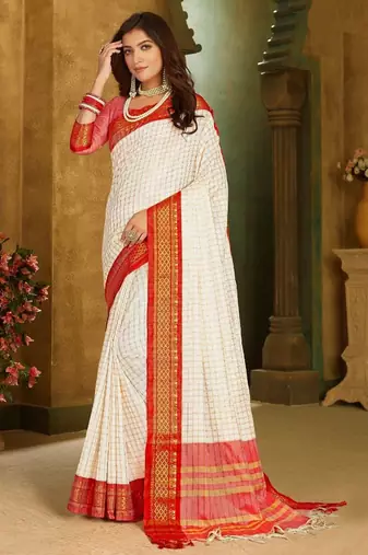 Red white blended cotton printed zari work saree with blouse