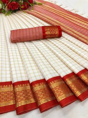 Red white blended cotton printed zari work saree with blouse 3
