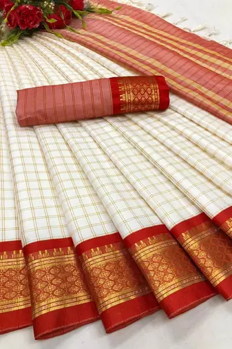 Red white blended cotton printed zari work saree with blouse
