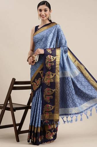 Blue pure cotton woven zari work saree with blouse