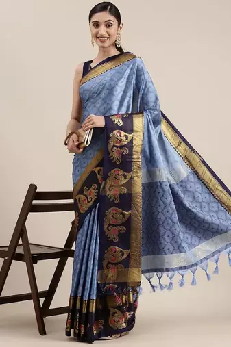 Blue pure cotton woven zari work saree with blouse