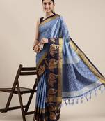 Blue pure cotton woven zari work saree with blouse