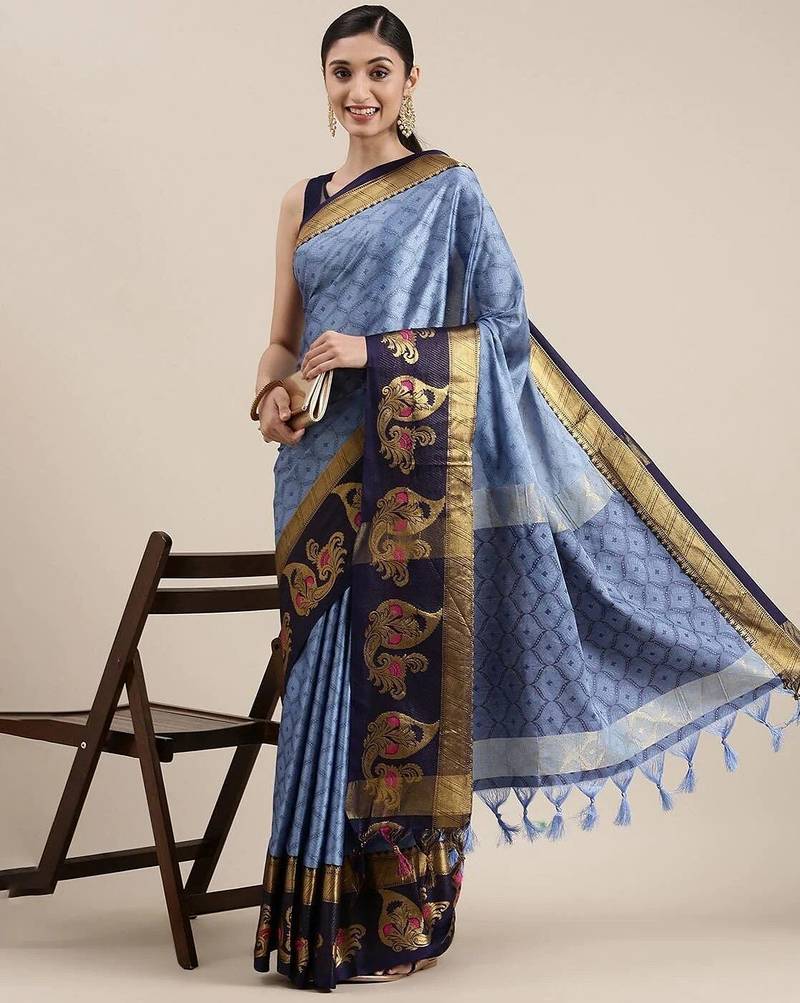 Blue pure cotton woven zari work saree with blouse