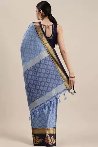 Blue pure cotton woven zari work saree with blouse