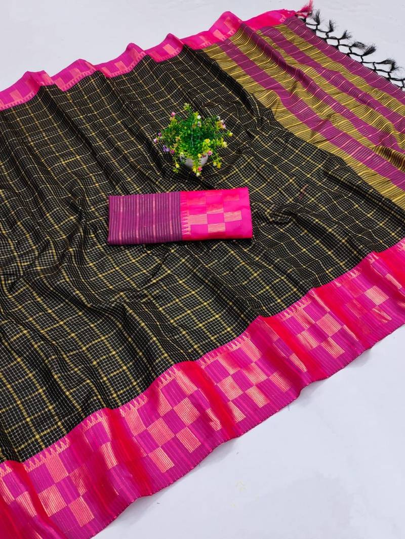 Black pure cotton printed zari work saree with blouse