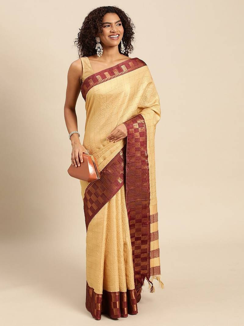Beige pure cotton woven zari work saree with blouse