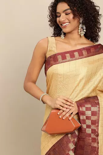 Beige pure cotton woven zari work saree with blouse