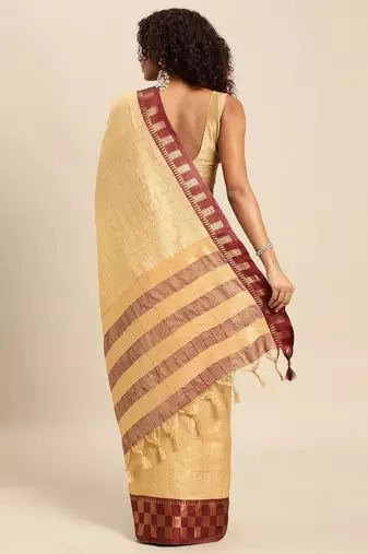 Beige pure cotton woven zari work saree with blouse