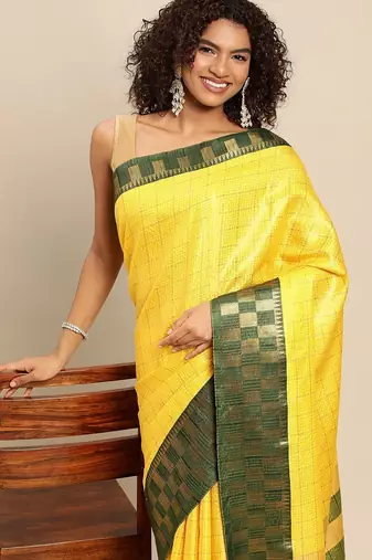 Green yellow pure cotton woven zari work saree with blouse