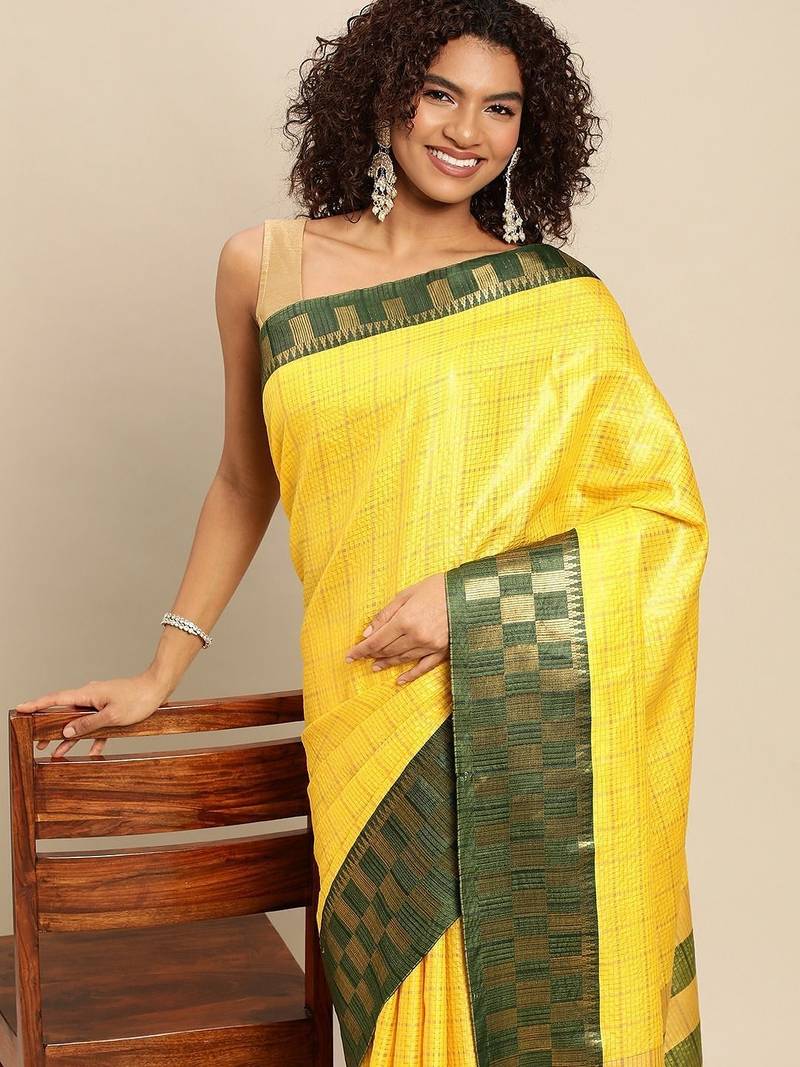 Green yellow pure cotton woven zari work saree with blouse