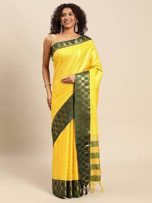 Green yellow pure cotton woven zari work saree with blouse 2