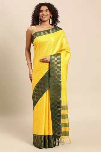 Green yellow pure cotton woven zari work saree with blouse