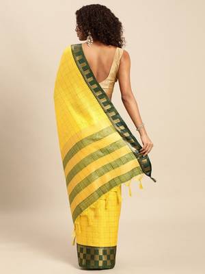 Green yellow pure cotton woven zari work saree with blouse 3