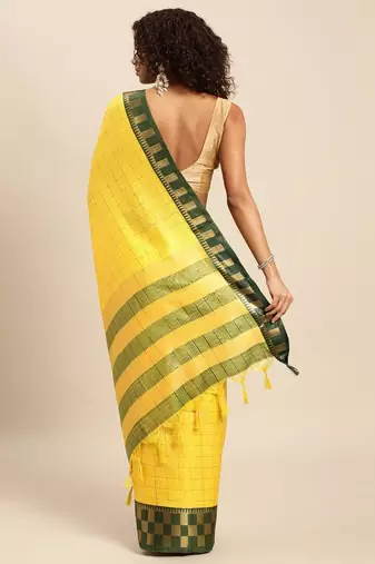 Green yellow pure cotton woven zari work saree with blouse