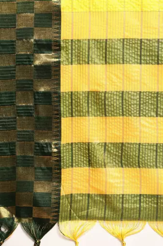 Green yellow pure cotton woven zari work saree with blouse