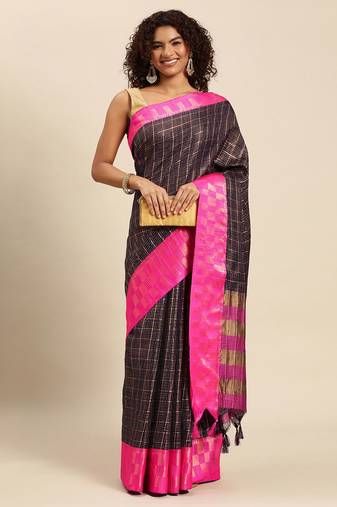 Dark blue pure cotton woven zari work saree with blouse