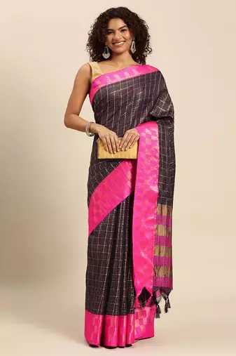 Dark blue pure cotton woven zari work saree with blouse