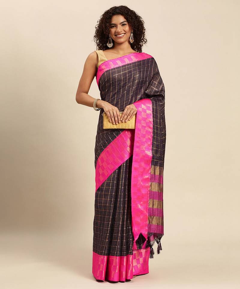 Dark blue pure cotton woven zari work saree with blouse