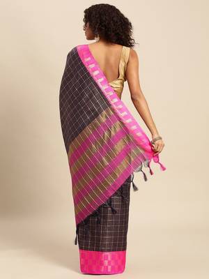 Dark blue pure cotton woven zari work saree with blouse 3