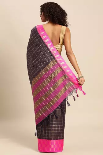 Dark blue pure cotton woven zari work saree with blouse