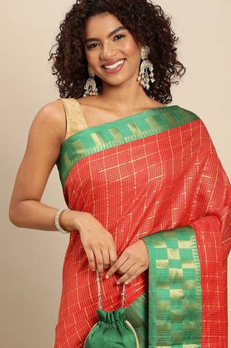 Orange pure cotton woven zari work saree with blouse