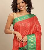 Orange pure cotton woven zari work saree with blouse