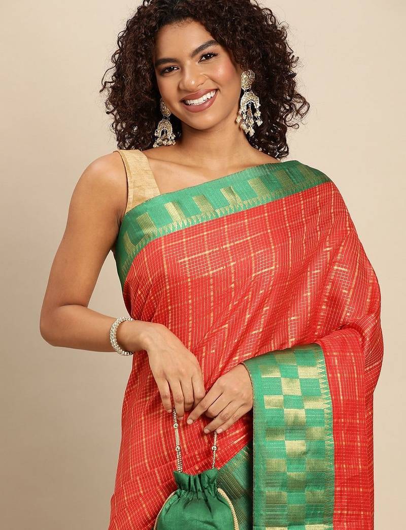 Orange pure cotton woven zari work saree with blouse