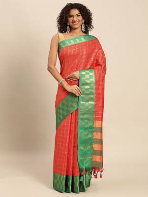 Orange pure cotton woven zari work saree with blouse 2