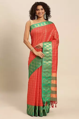 Orange pure cotton woven zari work saree with blouse