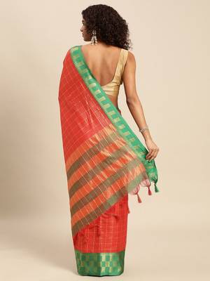 Orange pure cotton woven zari work saree with blouse 3