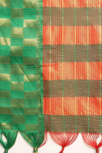 Orange pure cotton woven zari work saree with blouse