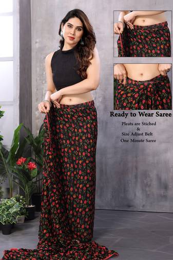 Black georgette printed zari work saree with blouse