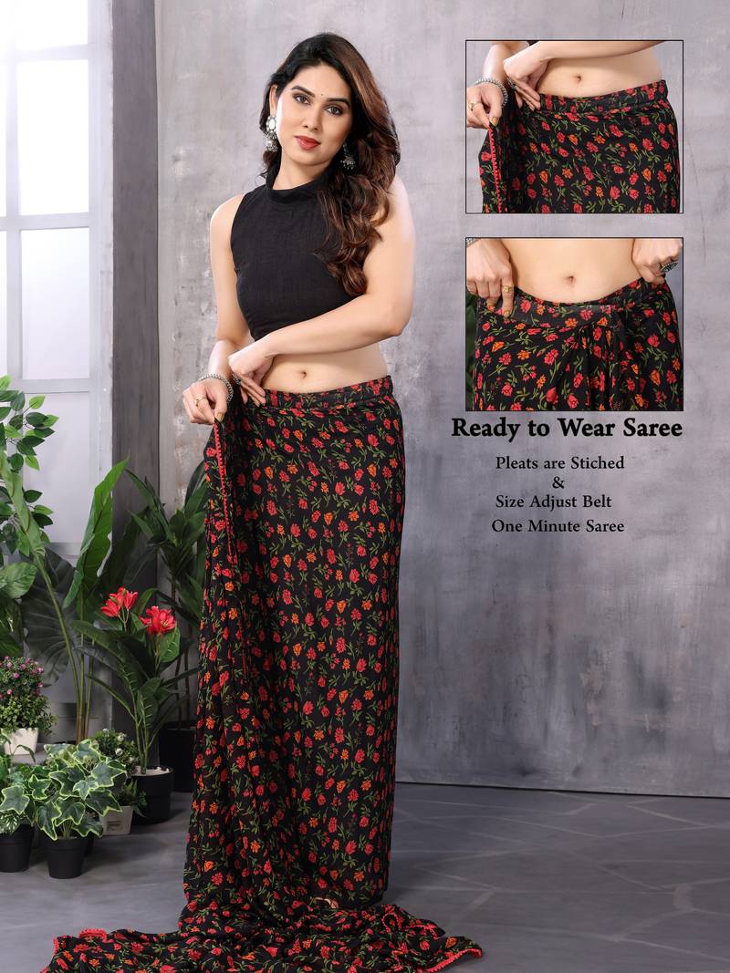 Black georgette printed zari work saree with blouse