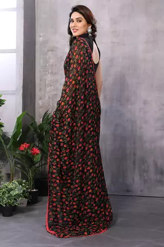 Black georgette printed zari work saree with blouse