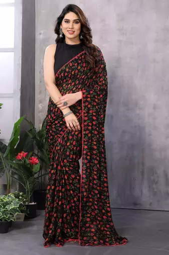 Black georgette printed zari work saree with blouse