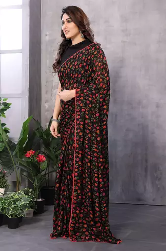 Black georgette printed zari work saree with blouse