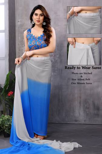 Grey georgette printed zari work saree with blouse
