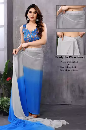 Grey georgette printed zari work saree with blouse