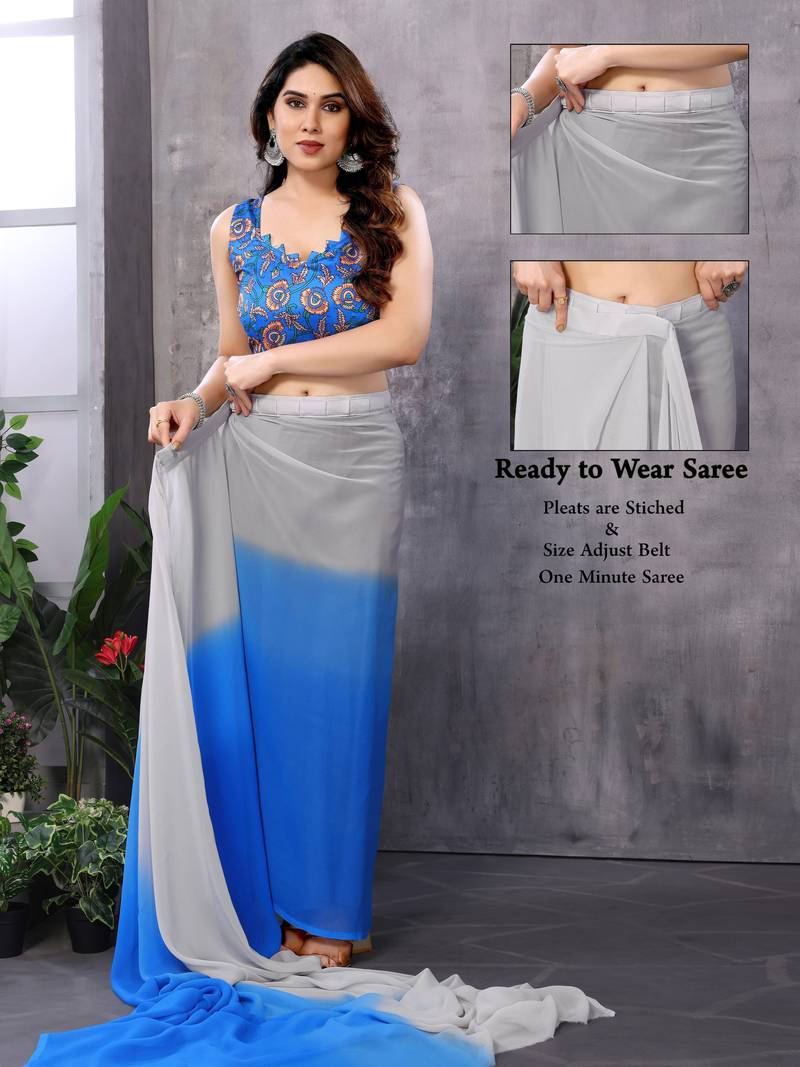 Grey georgette printed zari work saree with blouse
