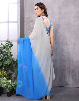 Grey georgette printed zari work saree with blouse 5