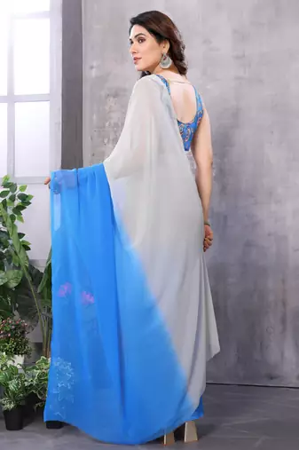 Grey georgette printed zari work saree with blouse