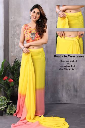 Yellow georgette printed zari work saree with blouse