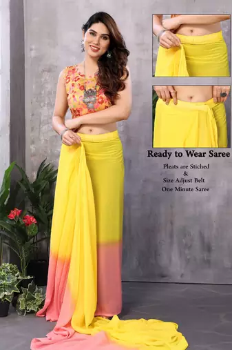 Yellow georgette printed zari work saree with blouse